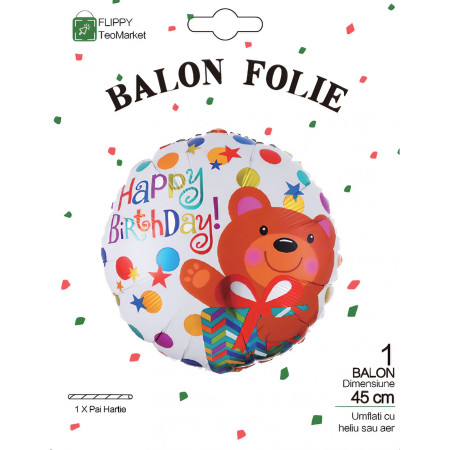 Balon din Folie Metalizata, Cyrax, Mini Figurina Rotunda, Model Happy Birthday Ursulet, Tema Aniversare, 45 cm, Ambalaj Individual, Pai inclus, Umflare cu Aer sau Heliu, Maro
