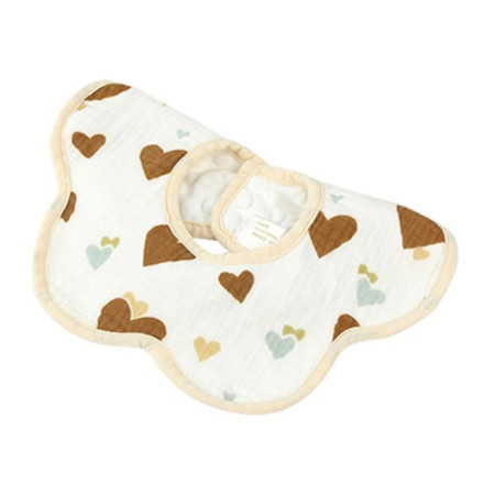 Baveta Tip Floare, Cyrax, din Bumbac, pentru Copii 0-12 Luni, Rezistenta la apa, cu Capse, Model cu Inimioare, 26 x 29 cm, Maro