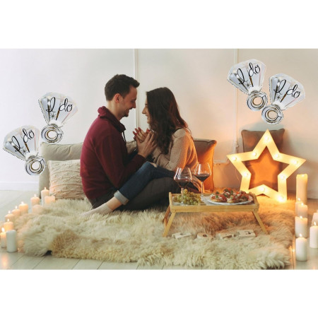 Balon din Folie Metalizata, Cyrax, Figurina Inel de Logodna, Model Diamant, Tema Nunta, 60 cm, Ambalaj Individual, Pai Inclus, Umflare cu Aer sau Heliu, Alb