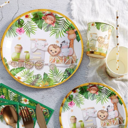 Farfurii Cartonate pentru Petreceri, Cyrax, Farfurii cartonate de unica Folosinta pentru Zile de Nastere, Model Safari cu animale, set 10 buc, Diametru 23 cm, Multicolor