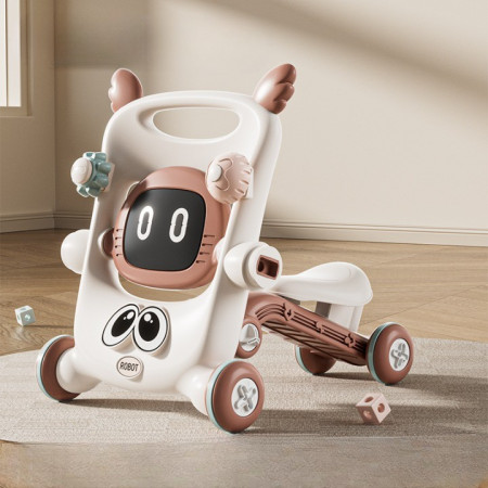 Antemergator pentru Copii 8 in 1, Cyrax, Multifunctional, cu Maner de Impingere Detasabil, Scuter, Trotineta, Scaun Reglabil, Tavita Detasabila, Stabil, Antiderapant, 4 Roti, 56x44x64cm, 9-12 Luni, Maro