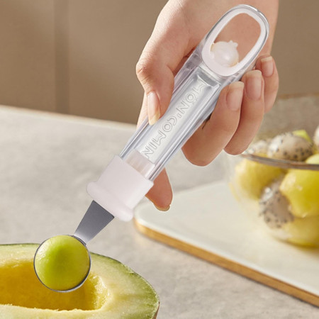 Lingura pentru Bile de Fructe, Cyrax, Scobitor Fructe, Ustensila Multifunctionala pentru Fructe, Accesoriu de Bucatarie, Lingura Antialunecare pentru Salata de Fructe, 17.6 x 2.9 cm, Bej