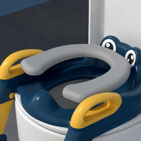 Reductor si Scaunel Inaltator WC, Cyrax, pentru Copii 1 - 7 Ani, 2 Trepte Reglabile, Pliabil, Colac Moale, cu Spatar si Manere, Inaltime 54/58 cm x 39.5 x 35 cm, din Plastic+PVC, Albastru/Portocaliu
