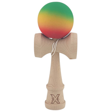 Kendama X Originala, Profesionala, Cyrax, din Lemn, Rubber Grip, 18 cm, Gradient Verde/Galben/Rosu