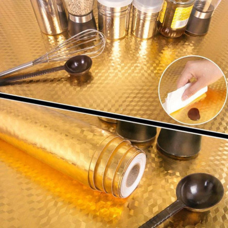 Autocolant de Bucatarie, Cyrax, Autoadeziv, Impermeabil, Rezistent la Temperaturi Ridicate, din PVC, 60 x 100 cm, Model Cub 3D, Auriu