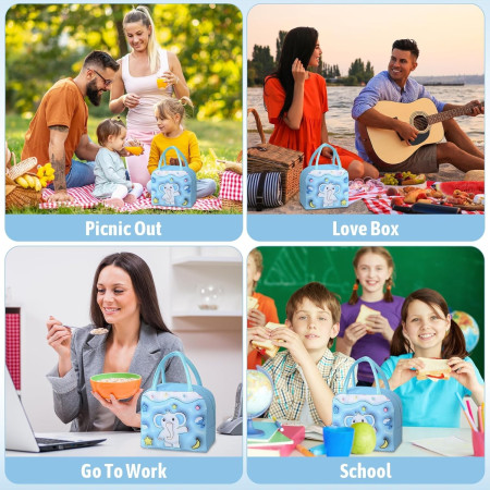 Geantă Frigorifică, Cyrax, cu Desene Animate 3D, Portabilă pentru Copii, de Prânz, din Pânză Oxford, 23x13x19 cm, Model Elefantel, Albastru