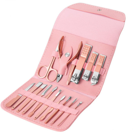 Set 16 Piese de Ingrijire Cosmetica, Cyrax, pentru Manichiura, Pedichiura, Fata, Geanta Organizatoare din Piele Ecologica Inclusa, Roz