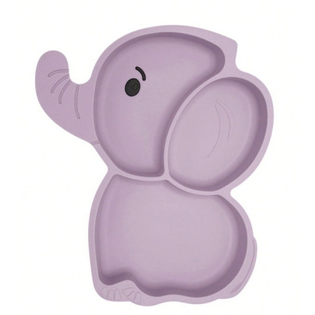 Set 10 Piese Servire Masa. Cyrax, pentru Bebelusi si Copii, din Silicon/Lemn, cu Ventuze Anti-alunecare, fara Alergeni. +6 Luni, Model Elefant, Mov