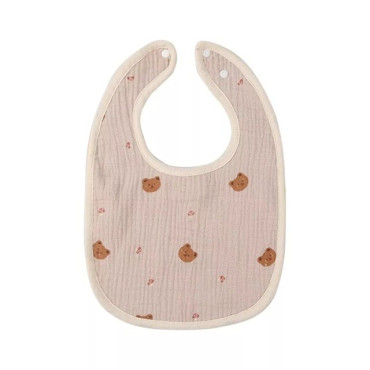 Baveta in Forma de U, Cyrax, din Bumbac, pentru Copii 0-12 Luni, Rezistenta la Apa, cu Capse, Model cu Ursuleti,  21x30 cm, Bej