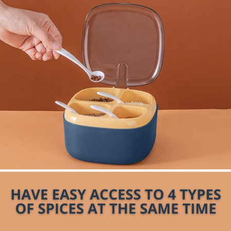 Recipient pentru condimente Cyrax, 4 casute, potrivit pentru sare, cimbru, piper, condimente, 4 lingurite din plastic, capac din plastic, maner, 14x14x8 cm, albastru