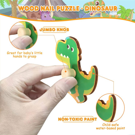 Puzzle Montessori din Lemn pentru Copii, Cyrax, 3D, 0-3 Ani, Model Dinozauri, Educativ, Intuitiv, Creativ, 8 Piese, 30x22.5x0.8 cm, Multicolor