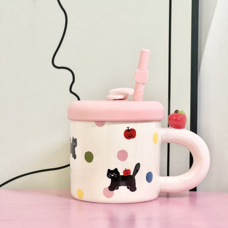 Cana din Ceramica cu Capac si Pai, Cyrax, Capacul si Paiul din Silicon Roz, 9x8.5 cm, Model Cute B, Capacitate 380ml