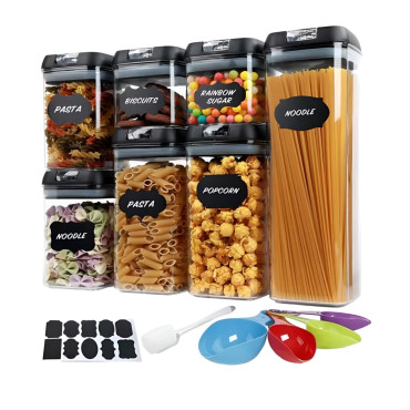 Set Cutii de Depozitare a Alimentelor, Cyrax, 7 Recipiente, 10 Etichete Reutilizabile, 4 Linguri, pentru Bucatarie, Spatula, Etansare, Fara BPA, Transparente, Capac Negru