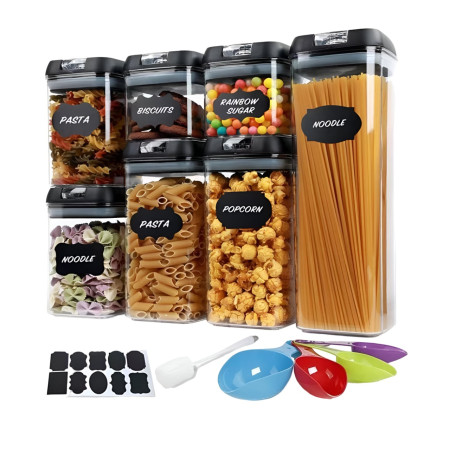Set Cutii de Depozitare a Alimentelor, Cyrax, 7 Recipiente, 10 Etichete Reutilizabile, 4 Linguri, pentru Bucatarie, Spatula, Etansare, Fara BPA, Transparente, Capac Negru