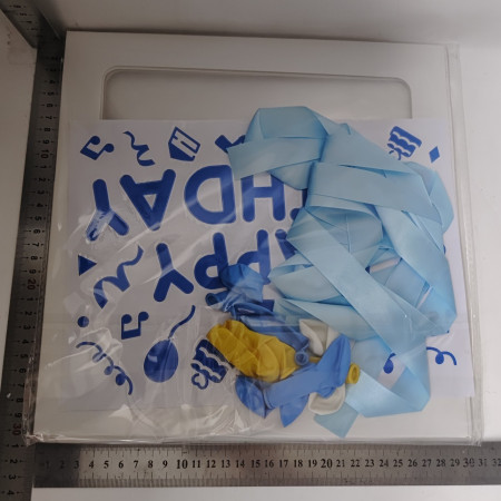 Cutie pentru Baloane, Cyrax, Tematica Aniversare, Model Scris Happy Birthday, Baloane Albastre, Albe, Galbene si Panglica Incluse, Contur Alb, Transparenta, 30x30 cm