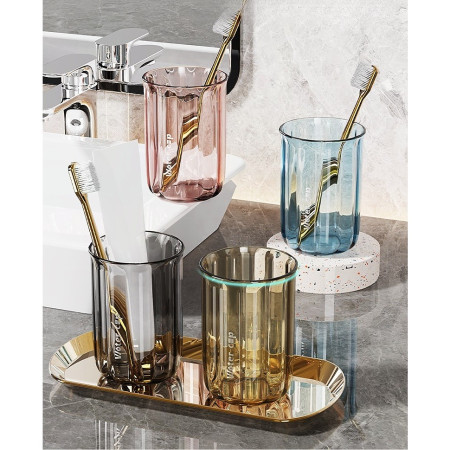 Suport Multifunctional 2 in 1, Pahar si Suport pentru Periuta de Dinti,  Plastic, Dimensiune: 10.4 x 7.3 x 7.3 cm, Maro Galbui