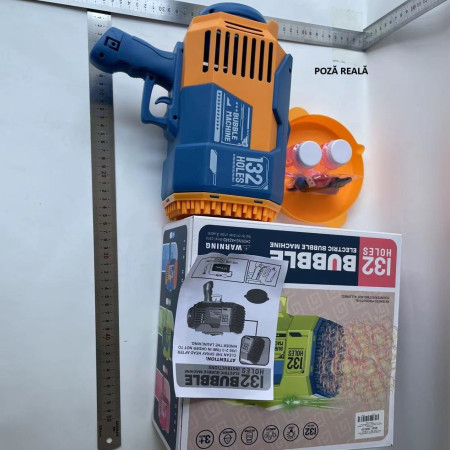 Pistol pentru Baloane de Sapun, Cyrax, 132 de Gauri, Lumini Colorate, Tavita, Lichid, Baterie de Li, Cablu de Incarcare, 25cm x 13cm x 26cm, Albastru