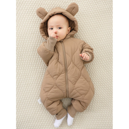 Combinezon de Iarna, Cyrax, pentru Bebelusi, din Bumbac, cu Urechi, Mansete Elastice, Unisex, 66 cm, Maro