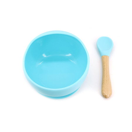 Set 2 piese diversificare bebelusi si copii din silicon Cyrax, bol cu ventuza, lingurita din lemn si silicon, pentru gustari, fara alergeni, albastru