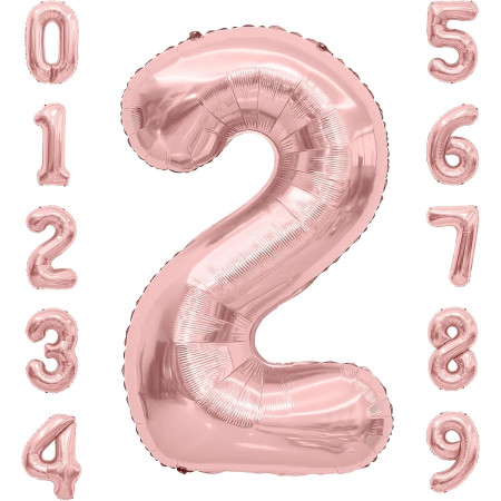 Balon din Folie Metalizata Cyrax, Figurina Cifra, Tema Aniversare 40 cm, Ambalaj Individual, Pai inclus, Umflare cu Aer sau Heliu, Rose Gold, Cifra 2
