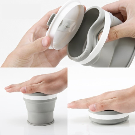 Pahar pliabil din silicon Cyrax, prentru calatorii, 350 ml, pai inclus, 9 x 9.2 cm, gri