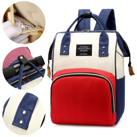 Rucsac Multifunctional pentru Mamici, Cyrax, din Panza Oxford, Compartimentare Multipla, Impermeabil, 43 x 18 x 26 cm, Alb/Rosu/Albastru