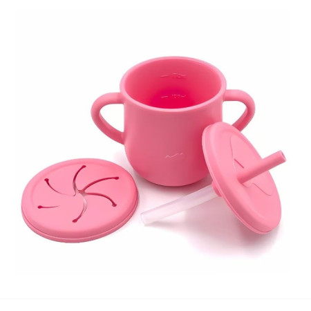 Set 10 Piese Servire Masa. Cyrax, pentru Bebelusi si Copii, din Silicon/Lemn, cu Ventuze Anti-alunecare, fara Alergeni. +6 Luni, Model Elefant, Roz