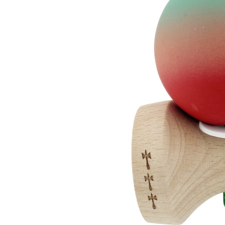 Kendama X Originala, Profesionala, Cyrax, Cupe Mari KING SIZE V3, Rubber Grip, Gaura in Baza, Rulment Metalic, din lemn 18 cm, Ata 62/65 cm, Gradient Verde/Roz/Rosu