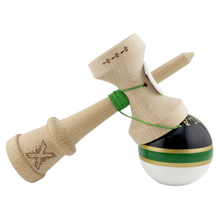 Kendama X Originala ROYAL SPIKE, Profesionala, Cyrax, Cupe Mari KING SIZE V3, Super Sticky, Gaura in Baza, Rulment Metalic, din lemn 18 cm, Ata 55 cm, Inel Verde