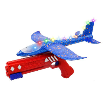 Pistol cu Lansator de Avion, Cyrax, din Polistiren+Plastic, +3 Ani, Avion 38 cm, Lansare 10 m, cu Lumini si Roti, Rosu/Albastru