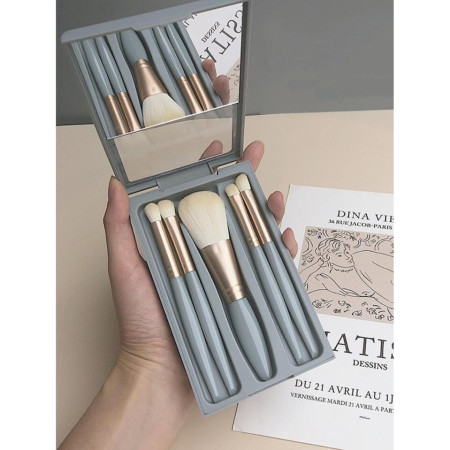 Set 5 Pensule de Machiaj cu Peri Moi, Cyrax, cu Suport pentru Depozitare si Oglinda, Albastru