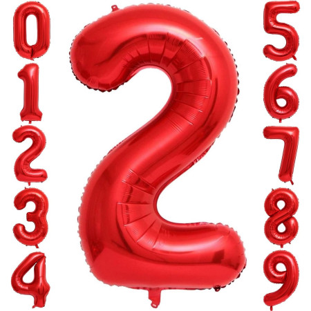 Balon din Folie Metalizata Cyrax, Figurina Cifra, Tema Aniversare 40 cm, Ambalaj Individual, Pai inclus, Umflare cu Aer sau Heliu, Rosu, Cifra 2