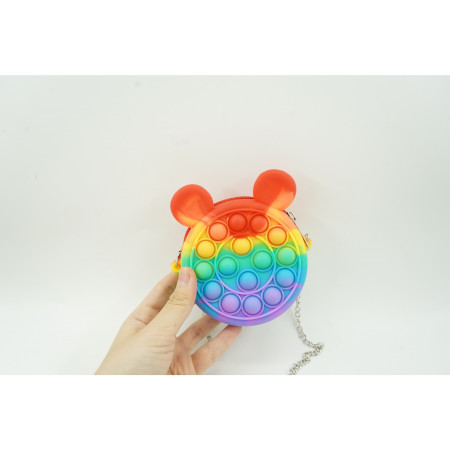 Jucarie antistres din silicon Cyrax, Pop it Now and Flip It ,Mini Geanta, Soricel, 6 cm, Curcubeu