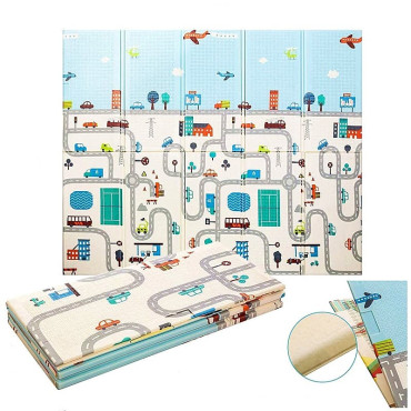 Covoras pentru Copii, Cyrax, cu 2 Fete, Model Trafic/Girafe, din XPE+PE, Impermeabil, Antiderapant, Protectie Termica, +3 Luni, Pliabil, 180 x 200 x 1 cm, Multicolor