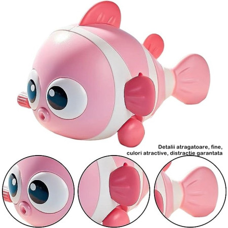 Jucarie mecanica pentru copii Cyrax, pestisor haios, cu cheita, distractiv, se taraste, se misca, 11 x 9 x 7.5 cm cm, roz