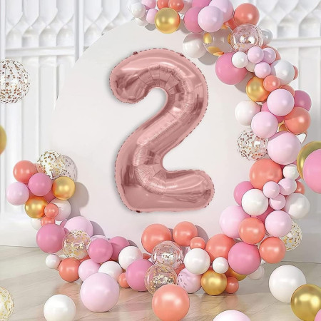 Balon din Folie Metalizata Cyrax, Figurina Cifra, Tema Aniversare 100 cm, Ambalaj Individual, Pai inclus, Umflare cu Aer sau Heliu, Coral, Rose, Cifra 2