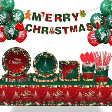 Set 119 Piese, Cyrax, pentru Masa de Craciun, Farfurii 18 cm, Farfurii 23 cm, Pahare, Servetele, Tacamuri, Fata de Masa, Ghirlanda, Paie, Rosu/Verde