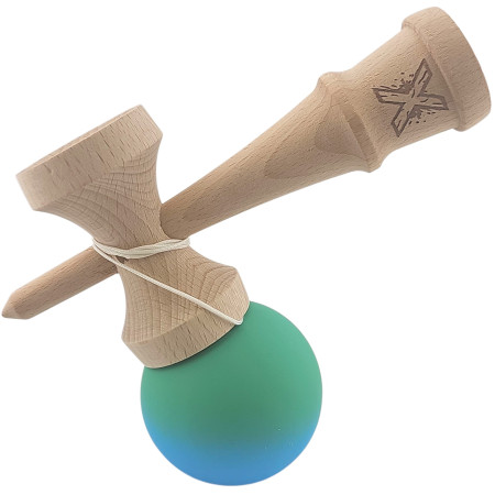 Kendama X Originala, Profesionala, Cyrax, din Lemn, Rubber Grip, 18 cm, Verde/Albastru
