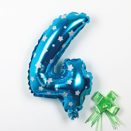 Balon din Folie Metalizata Cyrax, Figurina Cifra, Imprimeu Stele, Tema Aniversare 80 cm, Ambalaj Individual, Pai inclus, Umflare cu Aer sau Heliu, Albastru, Cifra 4