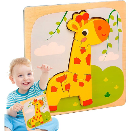 Puzzle Montessori din Lemn pentru Copii, Cyrax, 3D, 0-3 Ani, Model Girafa, Educativ, Intuitiv, Creativ, 4 Piese, 15x15x0.5 cm, Multicolor