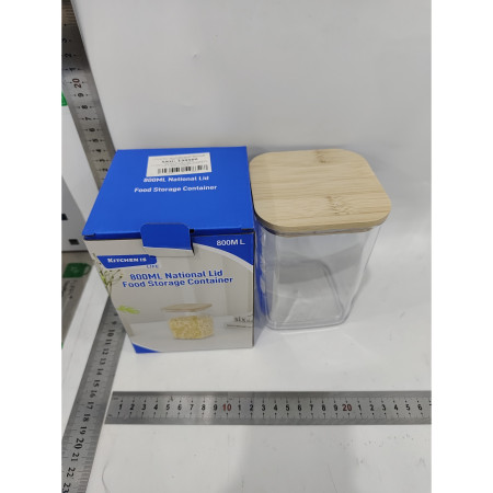 Cutie de Depozitare Alimente, Cyrax, Cutie de tip Container, Cutie pentru Cereale, din Plastic, Capac din Bambuc, 10 x 10 x 14 cm, Volum 0.8 L, Transparent