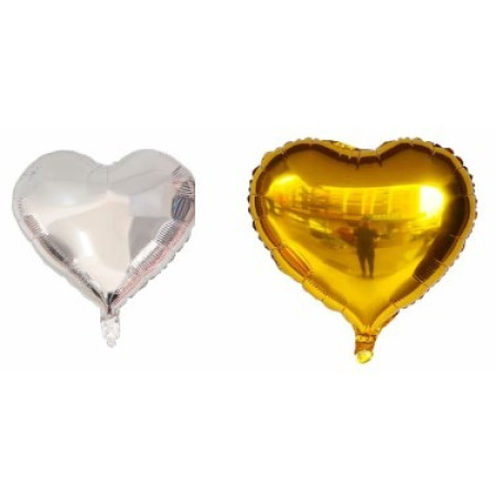 Set 2 Baloane din Folie Metalizata, Cyrax, Model Inimi, Tema Ziua Indragostitilor, 45 cm, Ambalaj Individual, Pai Inclus, Umflare cu Aer sau Heliu, Argintiu/Auriu