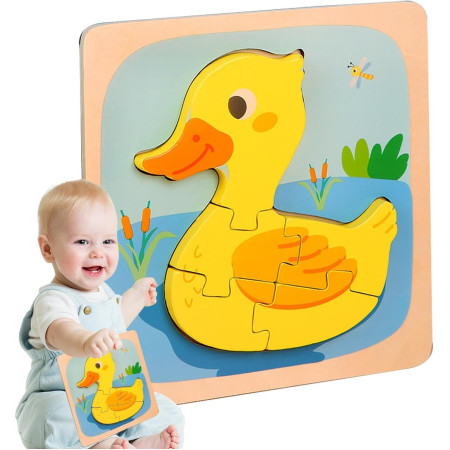 Puzzle Montessori din Lemn pentru Copii, Cyrax, 3D, 0-3 Ani, Model Ratusca, Educativ, Intuitiv, Creativ, 5 Piese, 15x15x0.5 cm, Multicolor