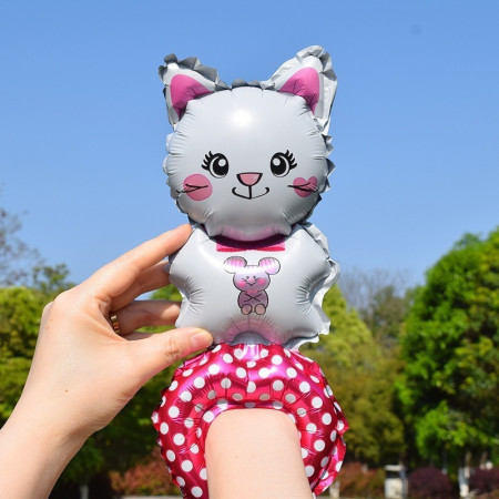 Balon din Folie Metalizata, Cyrax, Figurine Animalute, Tip Bratara, Model Pisica, Ambalaj Individual, Pai Inclus, Umflare cu Aer sau Heliu, Alb