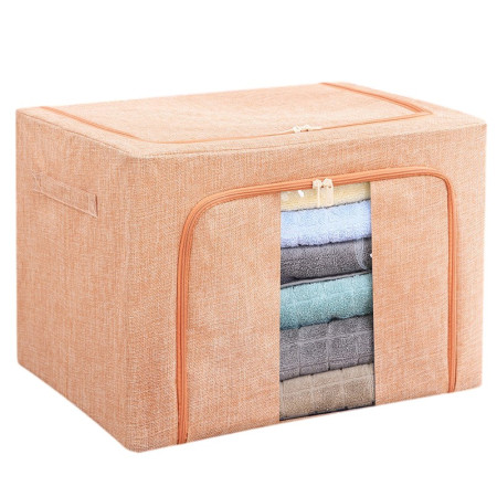 Cutie de Depozitare Pliabila,  66 L, din Bumbac si In, 50x40x33 cm, Fereastra Frontala, 2 Usi de Acces cu Fermoar Bidirectional, Cadru Metalic, Suport Baza Stabil din Plastic, Roz Pudrat