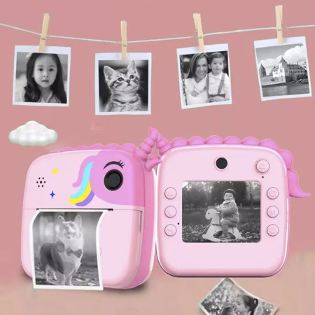 Camera Instantanee pentru Copii, Cyrax, Camera Frontala + Selfie, cu Functie de Printare, Cablu USB-C, Bluetooth, Compatibil iOS/Android, Model Unicorn, Snur Inclus, Roz