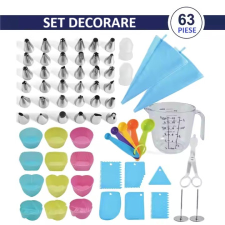 Set 63 Piese Ustensile pentru Ornare Prajituri, Cyrax, din Plastic si Otel Inoxidabil, Forme Briose, Multicolor