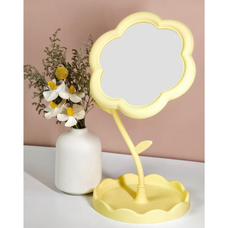 Oglindă de Machiaj pentru Birou, Cyrax, Rotativă, Detasabilă, Model de Floarea Soarelui, Suport pentru Inele, cu Depozitare, Galbena