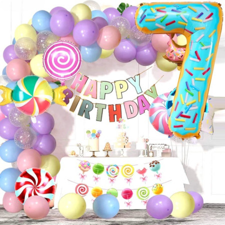 Balon din Folie Metalizata Cyrax, Figurina Cifra, Imprimeu Gogosi, Tema Aniversare 100 cm, Ambalaj Individual, Pai inclus, Umflare cu Aer sau Heliu, Multicolor, Cifra 7