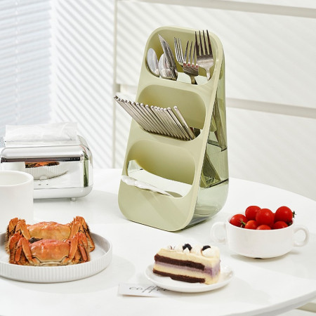 Suport - Organizator pentru Tacamuri, Cyrax, 3 Compartimente, Suport pentru Cosmetica, Ustensile, Material PP Durabil, 33 x 16 x 15 cm Verde